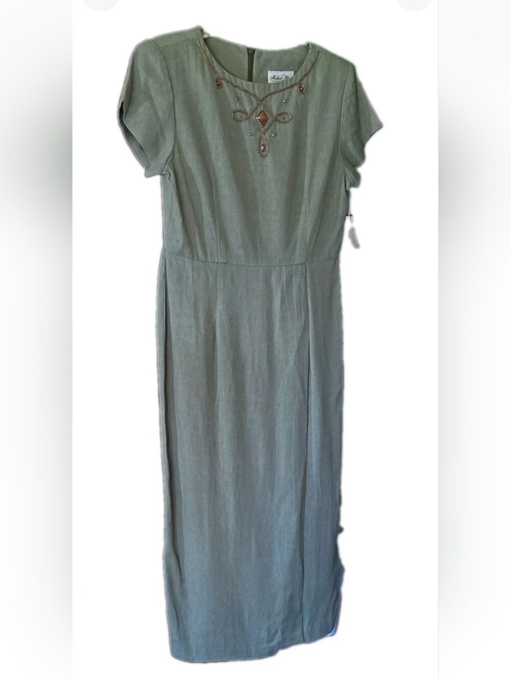 Vintage Michael Blair Sage Green Midi Dress with Embellished Neckline - Picture 2 of 11